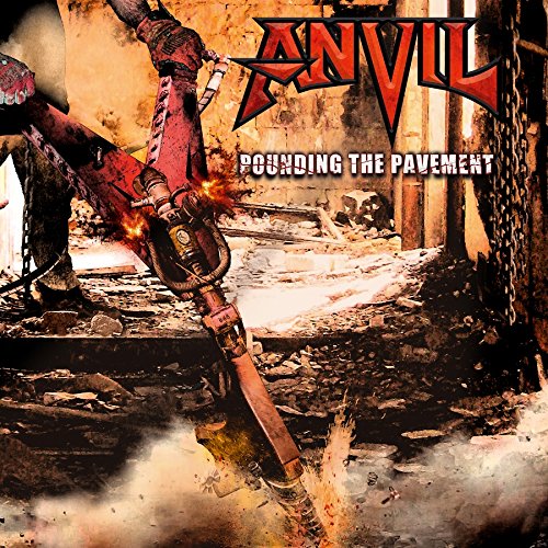 Anvil album cover: jackhammer breaking pavement, fiery destruction, band logo.