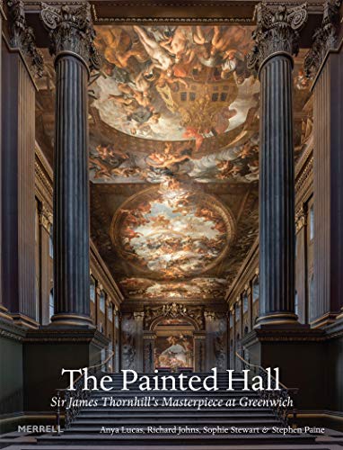 Ornate hall ceiling painting viewed between classical columns.