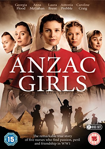 Five nurses in historical uniforms stand above silhouettes of soldiers in a desert landscape.