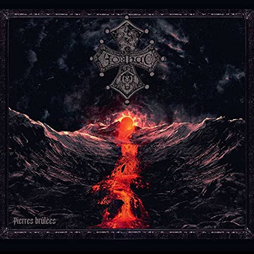 Dark landscape with fiery crevasse, ornate cross symbol above.