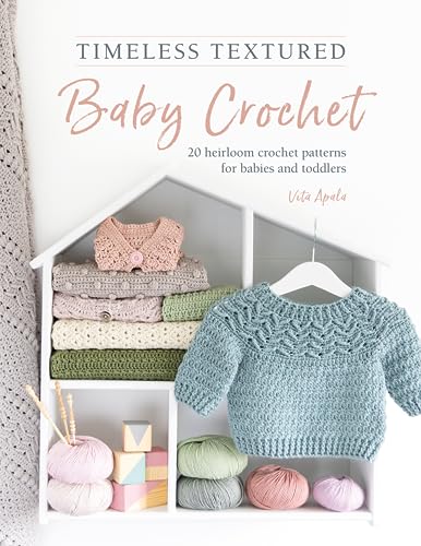 Book cover featuring crocheted baby clothes and yarn balls on a house-shaped shelf.