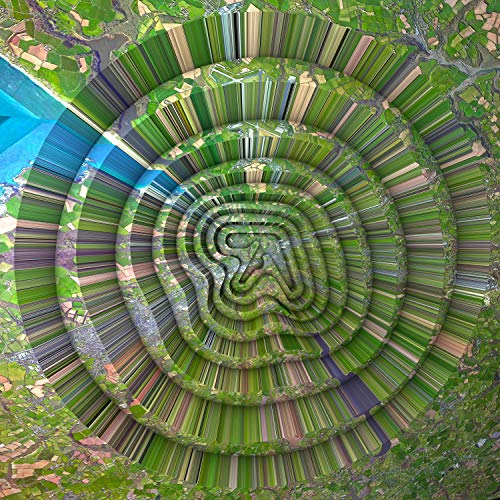 Aerial view of green fields distorted into concentric circles with the Aphex Twin logo.