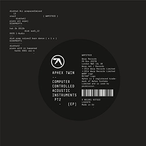 Black vinyl record label for Aphex Twin’s “Computer Controlled Acoustic Instruments pt2 EP.”