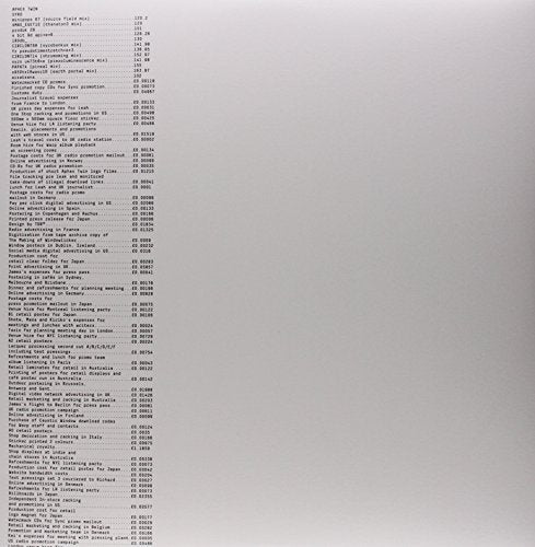 A grey album cover featuring a list of production costs and track titles.