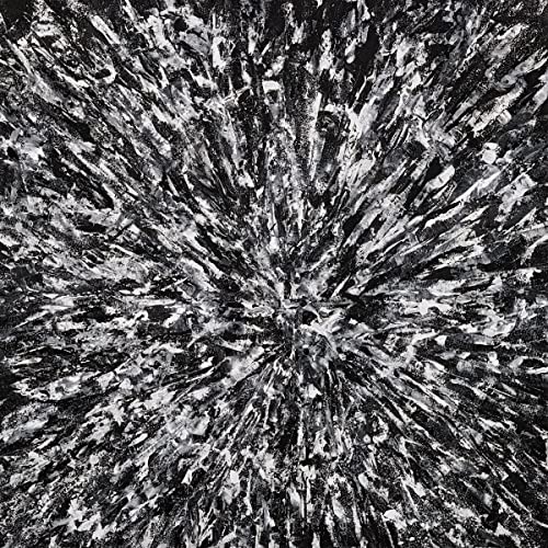 Black and white abstract image with radial patterns and textured brushstrokes.