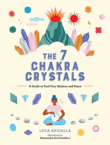 Book cover with crystals, a mountain, sun, and meditating figure.