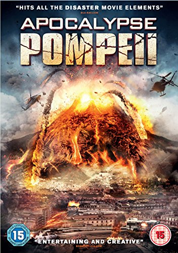 Apocalypse Pompeii" DVD cover: erupting volcano, fire, and helicopters in a disaster scene.