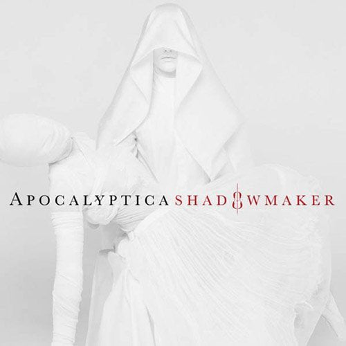 Apocalyptica’s “Shadowmaker” album cover: figure in white robes, red text.