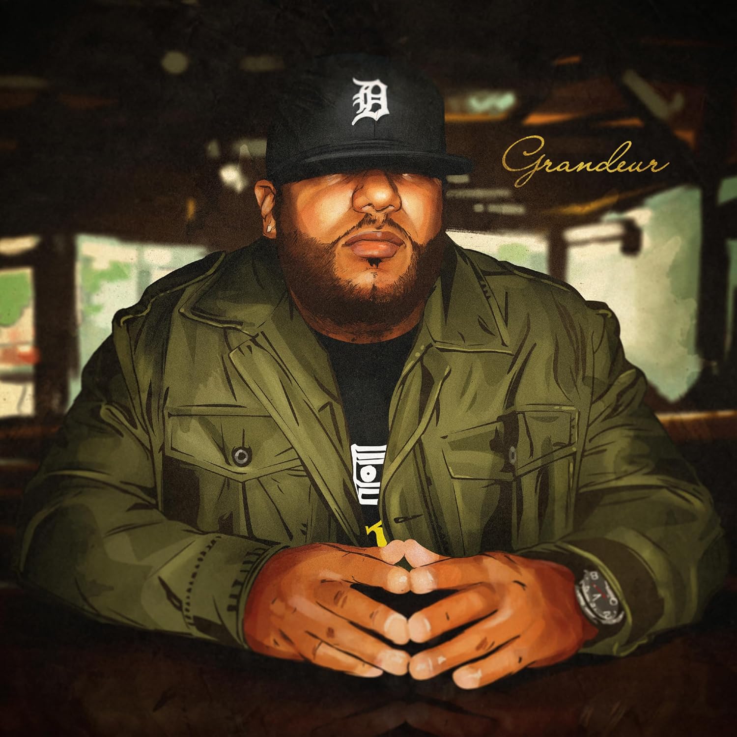 Illustration of Apollo Brown wearing a baseball cap and olive jacket, hands clasped together.