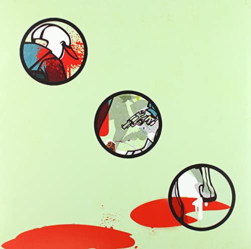 Light green album cover with three circular panels showing a person, gun, and blood.