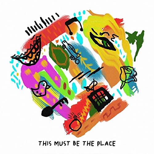 Abstract colorful artwork featuring stylized doodles and shapes on a white background.