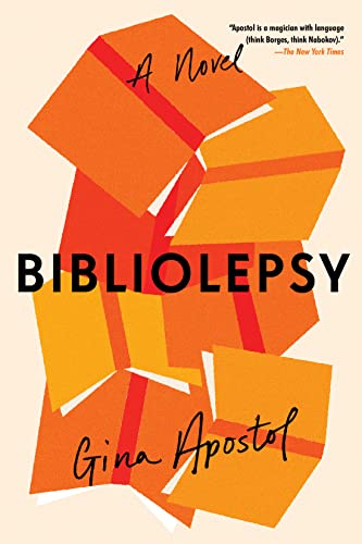 Book cover with abstract orange shapes and bold black title: "Bibliolepsy".