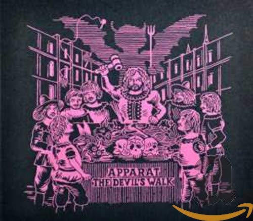 Pink illustration of figures and a devil in a city scene.