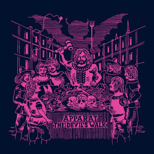 Pink illustration of figures with a devil and city backdrop.