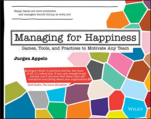 Book cover: "Managing for Happiness" with colorful geometric shapes.