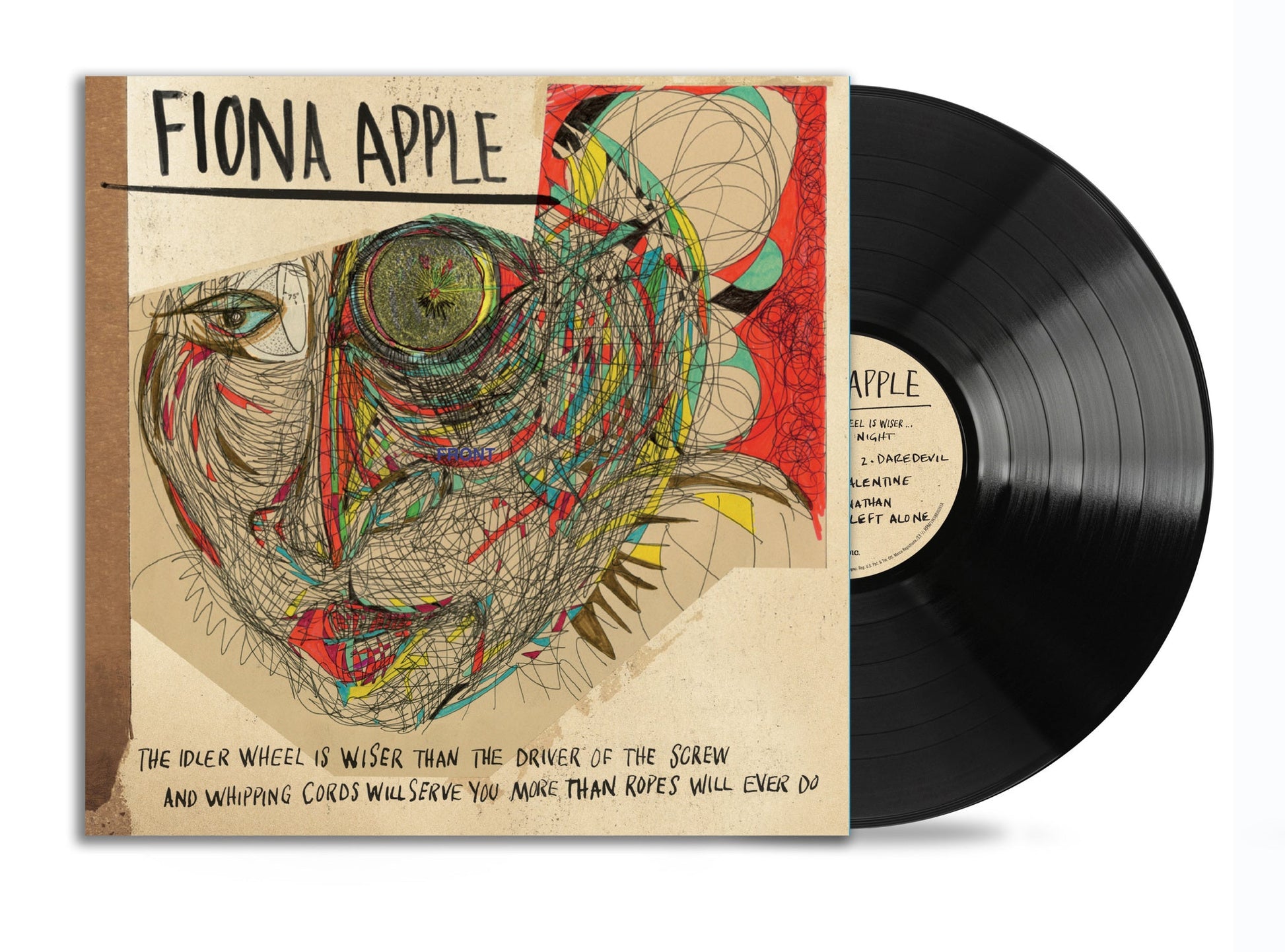 Fiona Apple's The Idler Wheel vinyl record featuring abstract line art cover and black disc.