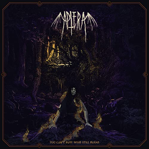 Dark album cover with a hooded figure amidst burning trees.