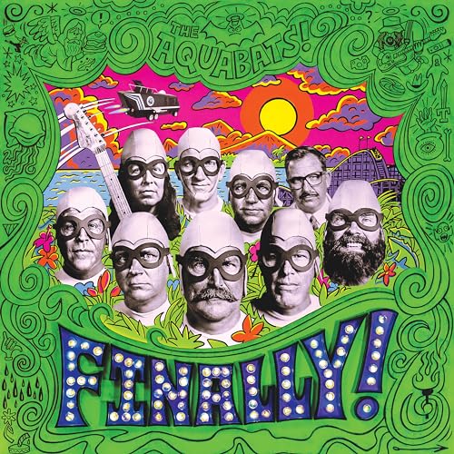 Album cover featuring nine men in superhero masks and helmets against a colorful cartoon background.