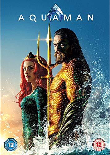 Aquaman DVD cover featuring Jason Momoa and Amber Heard with a trident.