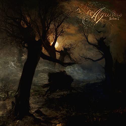 Dark, misty forest scene with bare trees and a glowing sun.
