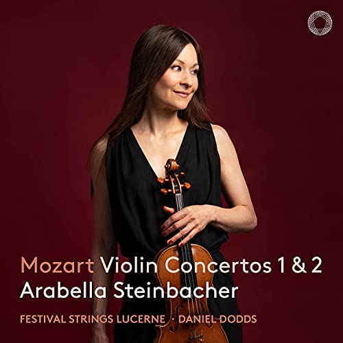 Violinist Arabella Steinbacher holding a violin, album cover for Mozart concertos.