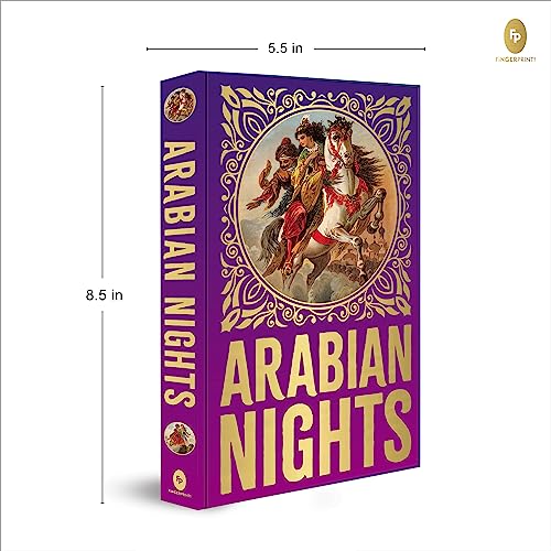 Purple hardbound book titled Arabian Nights with an illustration of a rider on horseback.