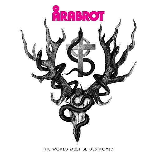 Årabrot album cover: skull, antlers, snakes, and a cross in monochrome.