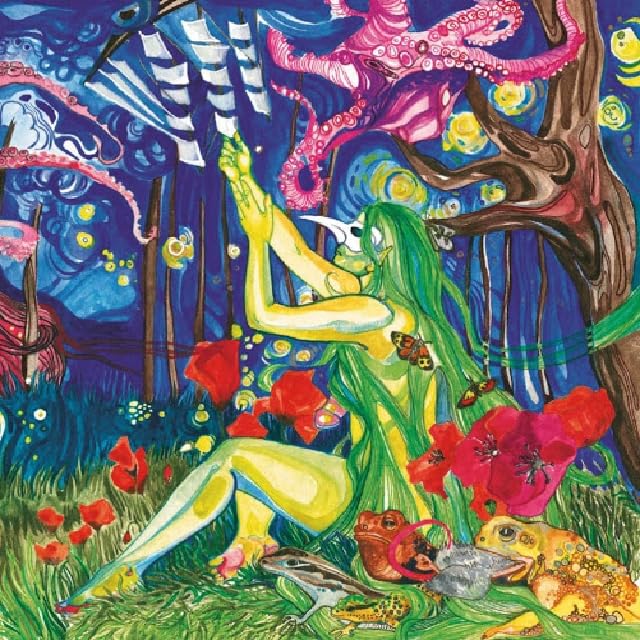 Psychedelic album cover with a green woman, flowers, and fantastical creatures.