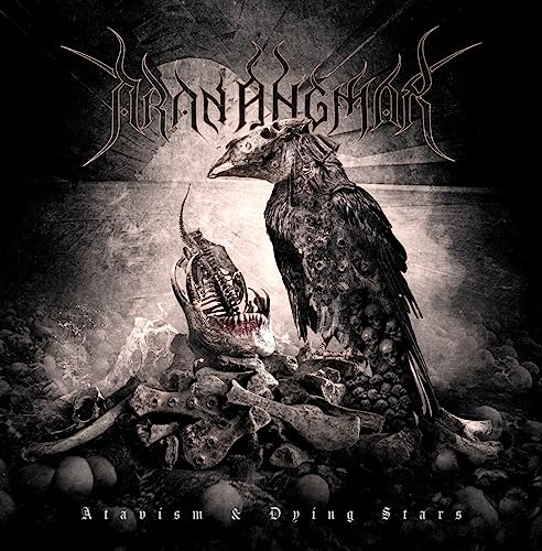 A dark, monochromatic illustration of a bird-like creature standing over a pile of bones.