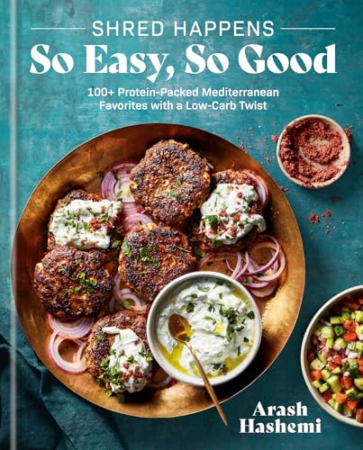 Cookbook cover featuring browned patties, red onions, and tzatziki on a brass platter.