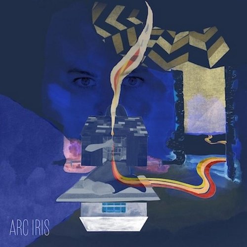 Surreal album cover with a face, houses, and a rainbow-colored stream.