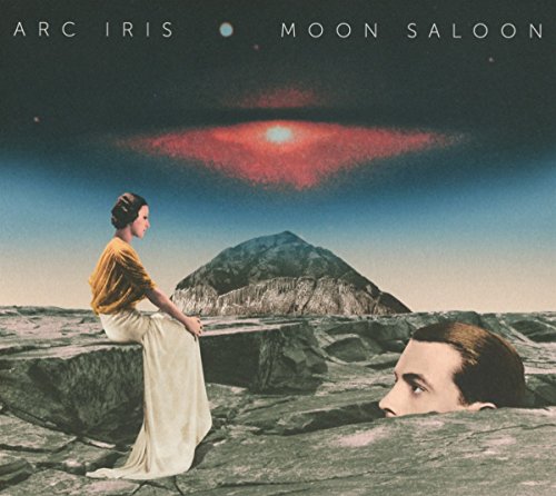 Album cover: woman, mountain, and floating head in a surreal landscape.