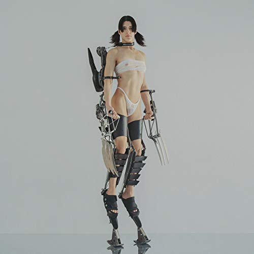 A woman in a white bikini and black leg armor holds sharp metal claws.