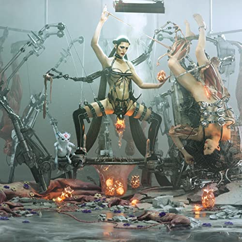 Album cover featuring a person suspended by mechanical arms amidst flames.