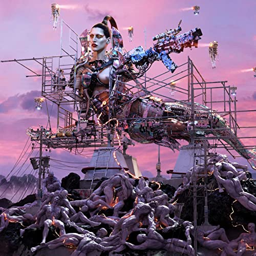 A cyborg figure with a rifle sits on scaffolding above a pile of bodies.