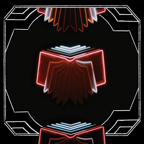 A black square with a symmetrical red and white neon graphic design.