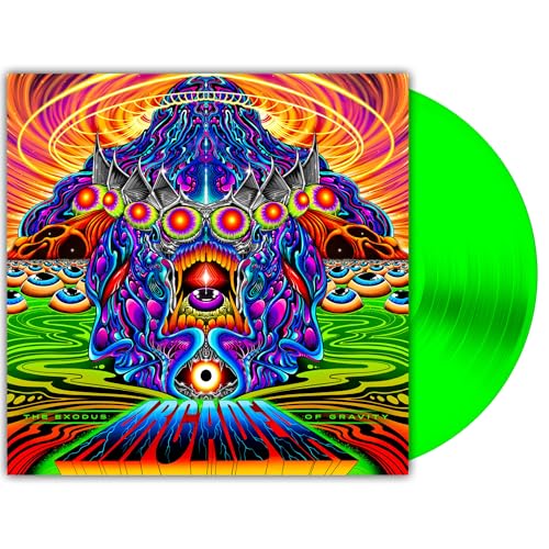 Colorful psychedelic album cover with a surreal figure and a bright green vinyl record.