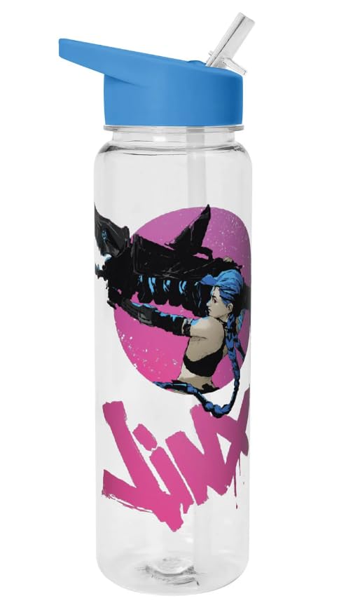 Clear plastic bottle with Arcane’s Jinx character artwork and blue lid.
