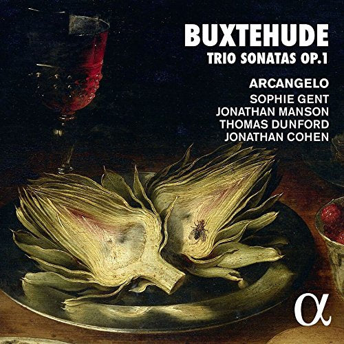 "CD cover with artichoke on a plate and wine glass, classical music album."