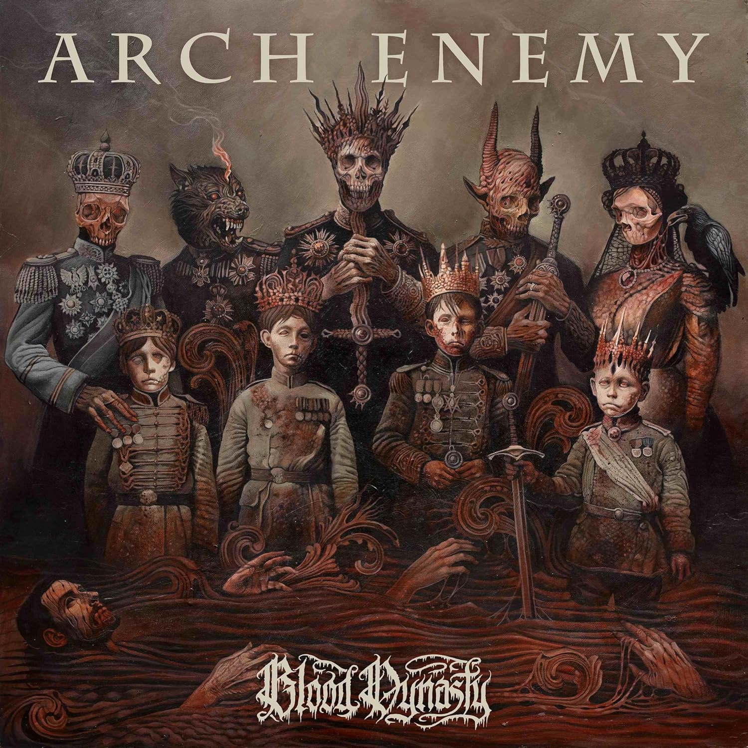 Album cover for Arch Enemy’s “Blood Dynasty” featuring dark, regal figures.