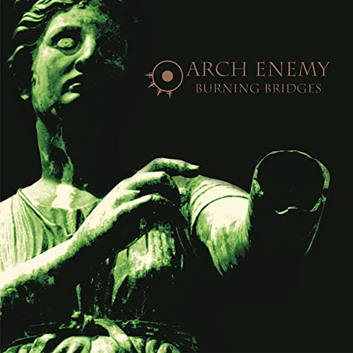 Green-tinted image of a broken classical statue with Arch Enemy Burning Bridges text.