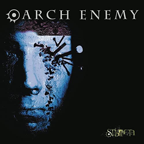 Album cover for Arch Enemy’s “Stigmata” featuring a stitched and pierced face.