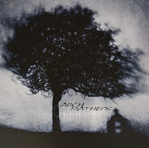 A dark silhouette of a tree against a textured, grey, winter-like background.