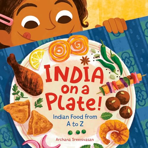 Colorful illustration of Indian food on a plate with a smiling child.