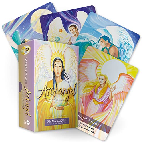 Archangel Oracle Cards box and several illustrated angel cards fanned out behind it.
