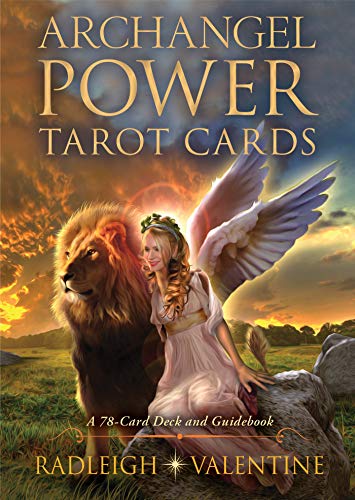 Angel with wings and a lion sit together in a field at sunset.