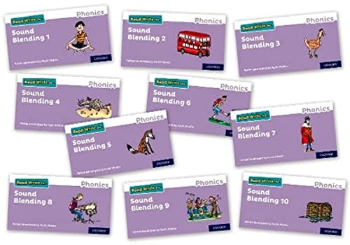 Ten purple "Read Write Inc. Phonics: Sound Blending" books with illustrations.