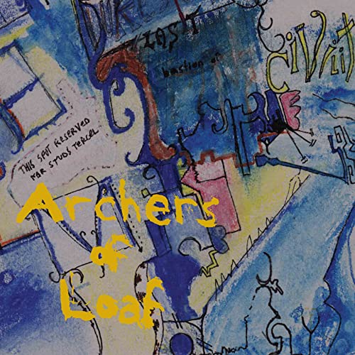 Abstract watercolor painting in blue and yellow with Archers of Loaf text overlay.