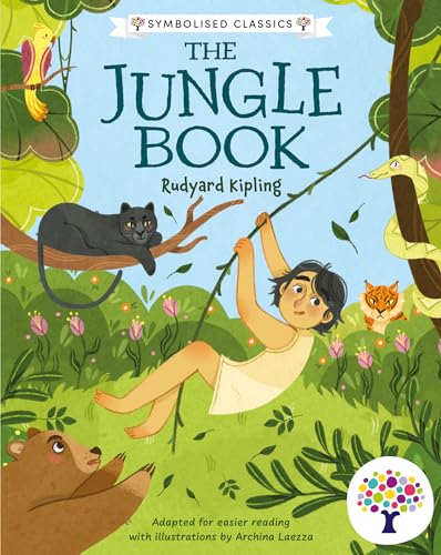 Book cover illustration of Mowgli swinging on a vine surrounded by jungle animals.