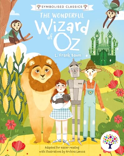 Book cover featuring Dorothy, Lion, Scarecrow, Tin Man, and monkeys.